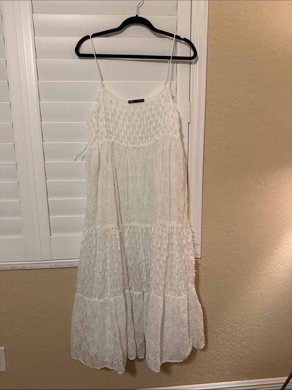 Zara White Eyelet Tiered Spaghetti-Strap Maxi Dress with Smocked Bodice
